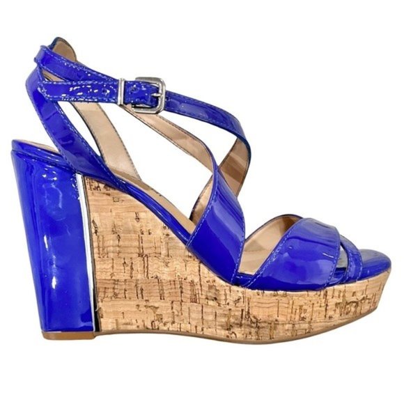 Antonio Melani Blue Patent Leather CrissCross Strappy Wedge Heel Sandals 7.5 VGC - Picture 1 of 14